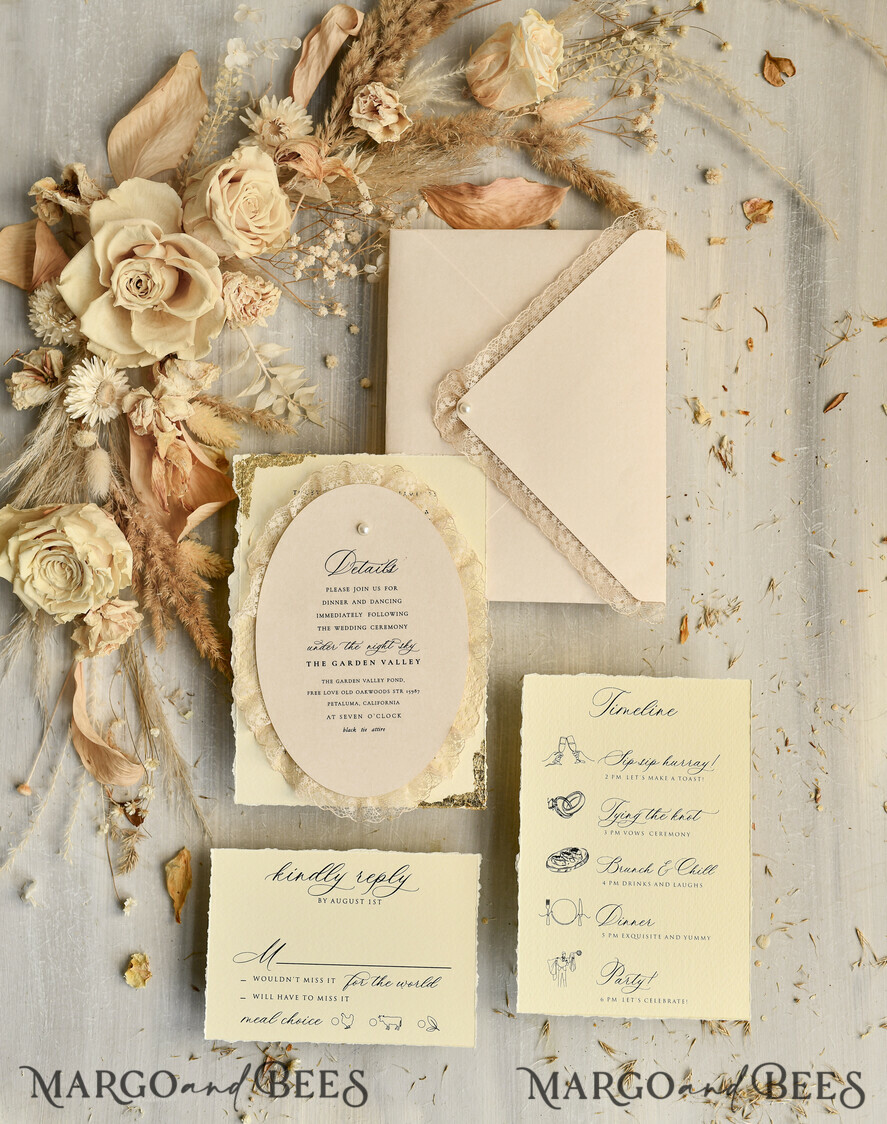HOCHZEITS EINLADUNGEN vintage Spitze / rustikale Spitze Luxus-Hochzeitseinladungen in einer warmen Beige- und Nude-Farbpalette.