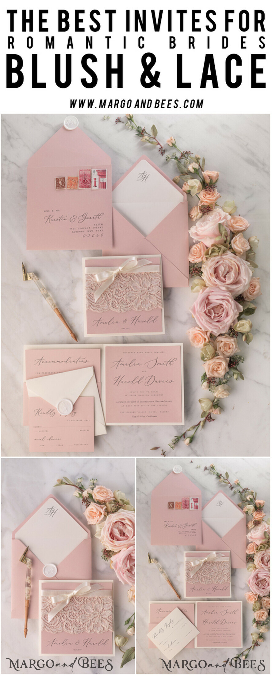 HOCHZEITS EINLADUNGEN vintage Spitze / rustikale Spitze Elegante Hochzeitskarten Vintage-Spitze personalisierte Einladung Elfenbein-Schüssel und dämmerndes Rosenpink