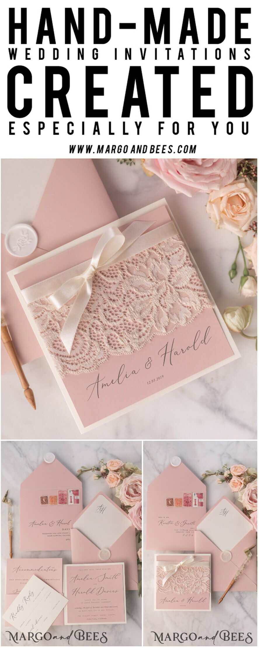 HOCHZEITS EINLADUNGEN vintage Spitze / rustikale Spitze Elegante Hochzeitskarten Vintage-Spitze personalisierte Einladung Elfenbein-Schüssel und dämmerndes Rosenpink