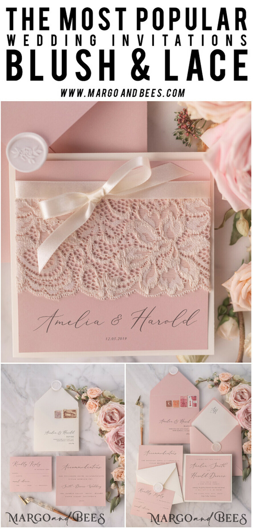 HOCHZEITS EINLADUNGEN vintage Spitze / rustikale Spitze Elegante Hochzeitskarten Vintage-Spitze personalisierte Einladung Elfenbein-Schüssel und dämmerndes Rosenpink