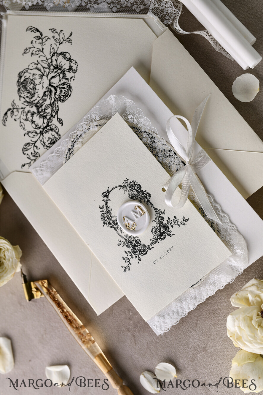 HOCHZEITS EINLADUNGEN vintage Spitze / rustikale Spitze Personalisierte Goldene Hochzeitseinladungen Vintage Spitze Einladungen Elfenbein