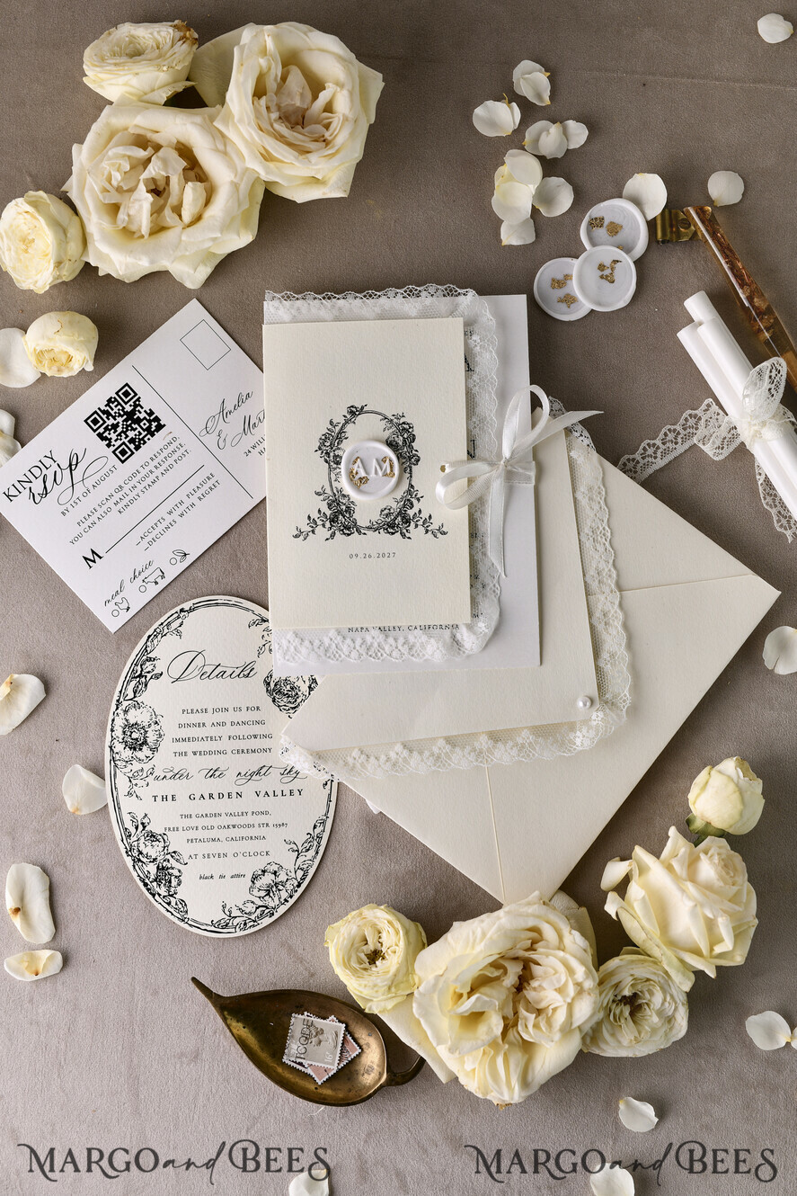 HOCHZEITS EINLADUNGEN vintage Spitze / rustikale Spitze Personalisierte Goldene Hochzeitseinladungen Vintage Spitze Einladungen Elfenbein