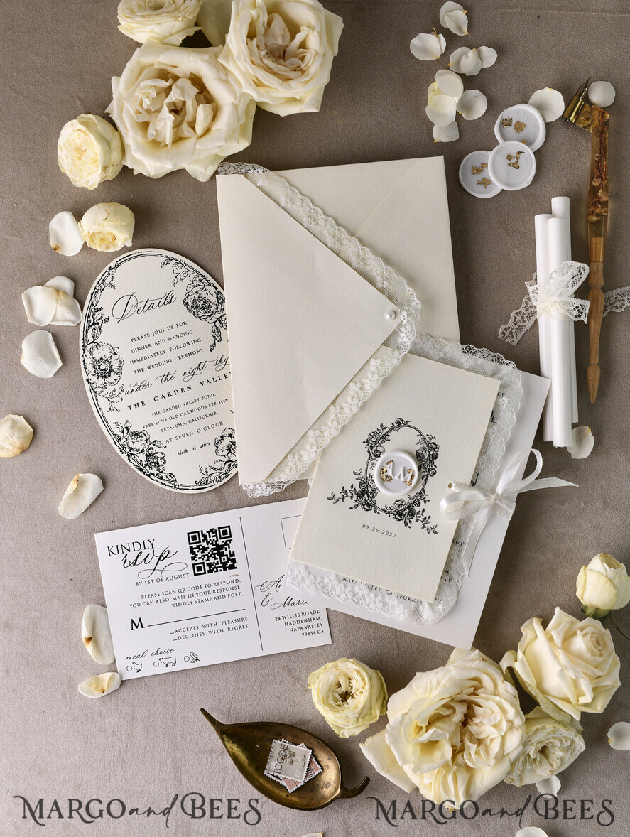 HOCHZEITS EINLADUNGEN vintage Spitze / rustikale Spitze Personalisierte Goldene Hochzeitseinladungen Vintage Spitze Einladungen Elfenbein