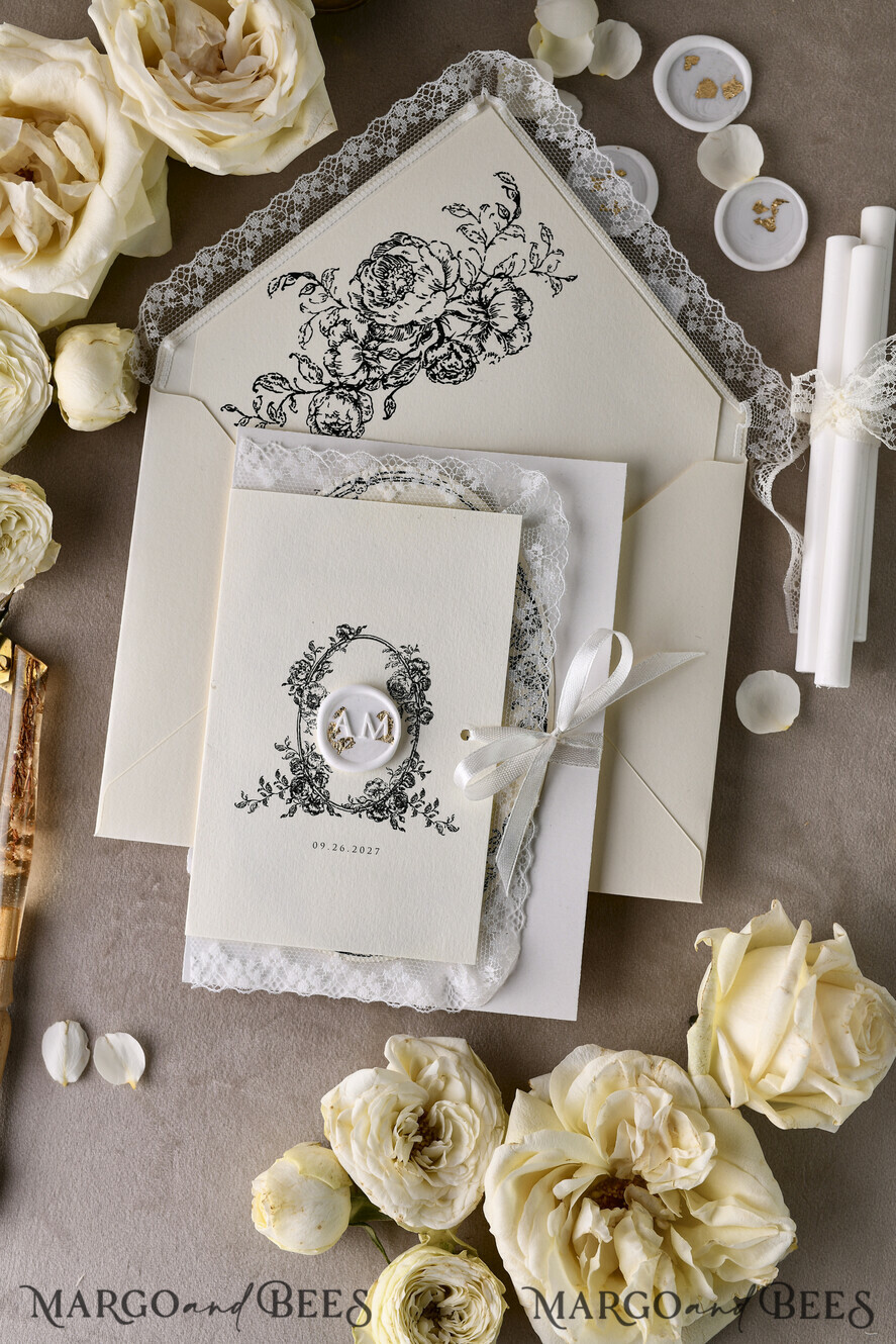 HOCHZEITS EINLADUNGEN vintage Spitze / rustikale Spitze Personalisierte Goldene Hochzeitseinladungen Vintage Spitze Einladungen Elfenbein