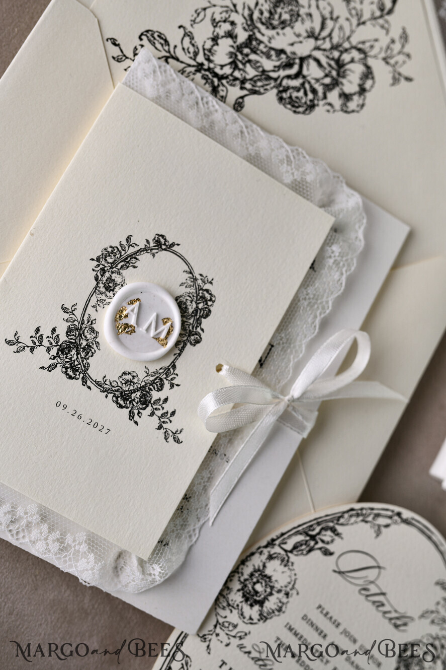 HOCHZEITS EINLADUNGEN vintage Spitze / rustikale Spitze Personalisierte Goldene Hochzeitseinladungen Vintage Spitze Einladungen Elfenbein