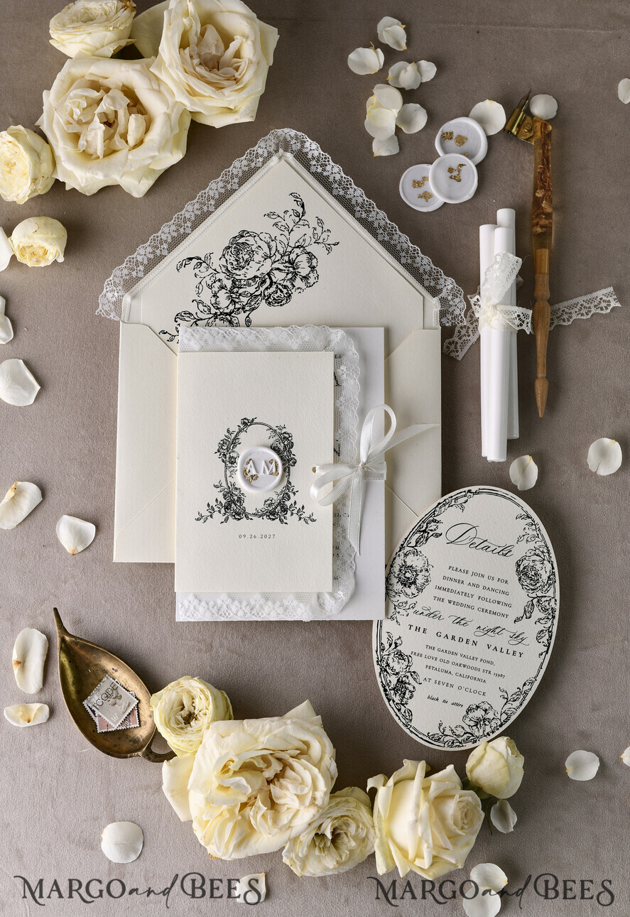 HOCHZEITS EINLADUNGEN vintage Spitze / rustikale Spitze Personalisierte Goldene Hochzeitseinladungen Vintage Spitze Einladungen Elfenbein