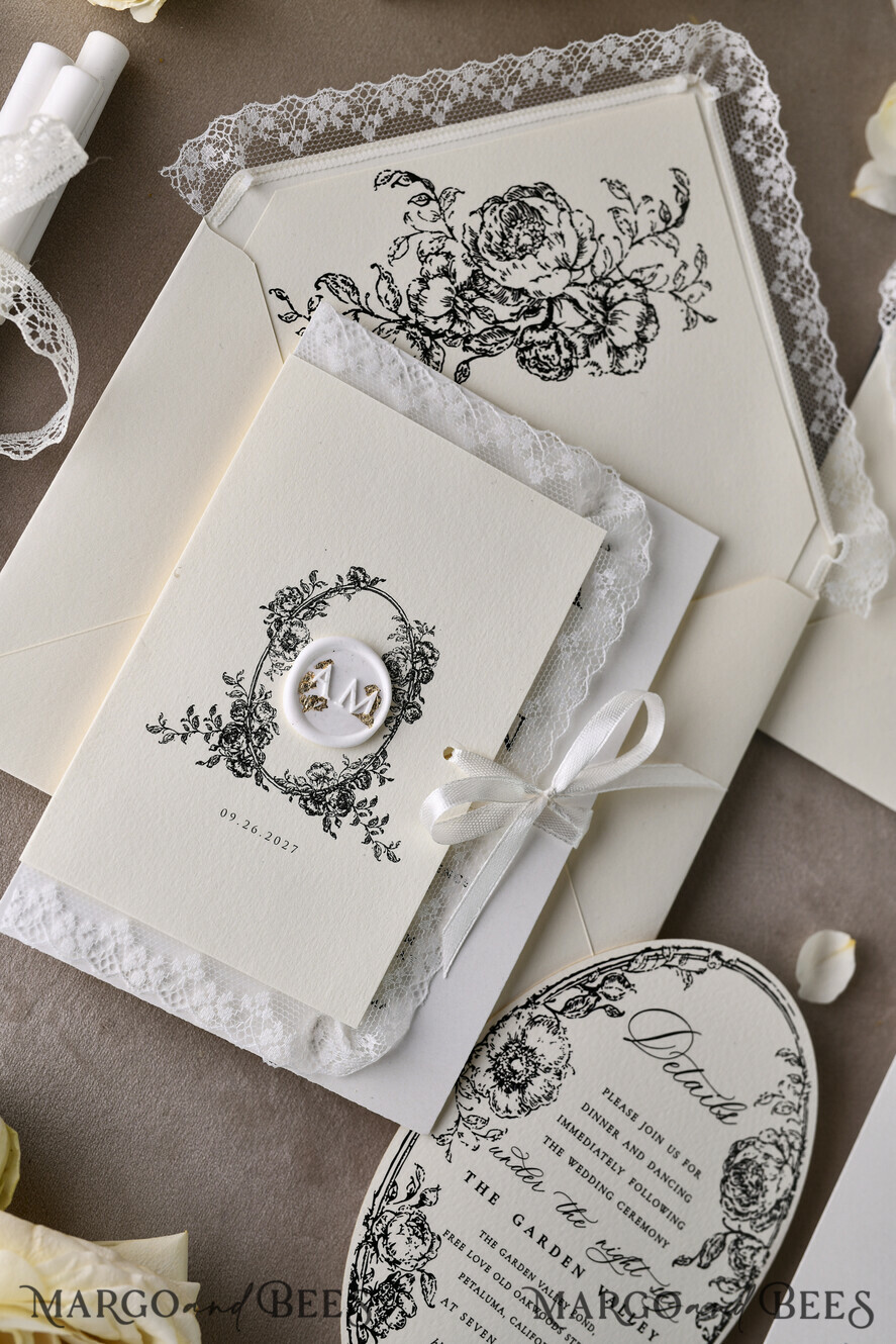 HOCHZEITS EINLADUNGEN vintage Spitze / rustikale Spitze Personalisierte Goldene Hochzeitseinladungen Vintage Spitze Einladungen Elfenbein