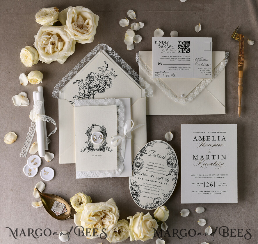 HOCHZEITS EINLADUNGEN vintage Spitze / rustikale Spitze Personalisierte Goldene Hochzeitseinladungen Vintage Spitze Einladungen Elfenbein