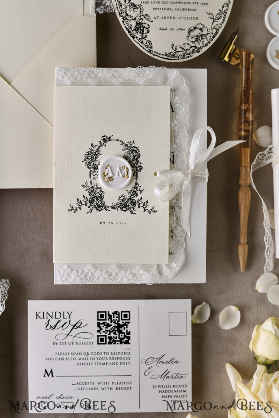 HOCHZEITS EINLADUNGEN vintage Spitze / rustikale Spitze Personalisierte Goldene Hochzeitseinladungen Vintage Spitze Einladungen Elfenbein