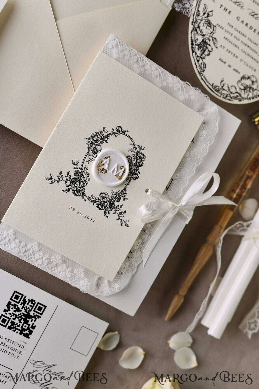 HOCHZEITS EINLADUNGEN vintage Spitze / rustikale Spitze Personalisierte Goldene Hochzeitseinladungen Vintage Spitze Einladungen Elfenbein