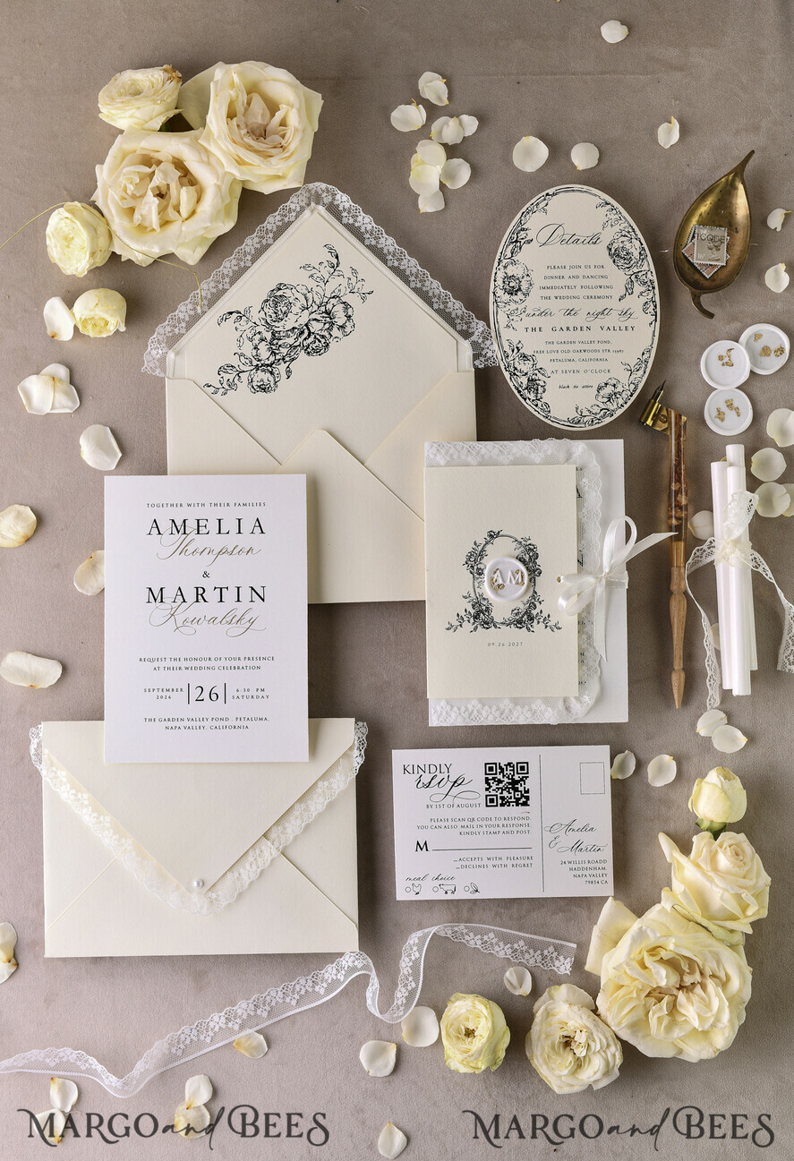 HOCHZEITS EINLADUNGEN vintage Spitze / rustikale Spitze Personalisierte Goldene Hochzeitseinladungen Vintage Spitze Einladungen Elfenbein
