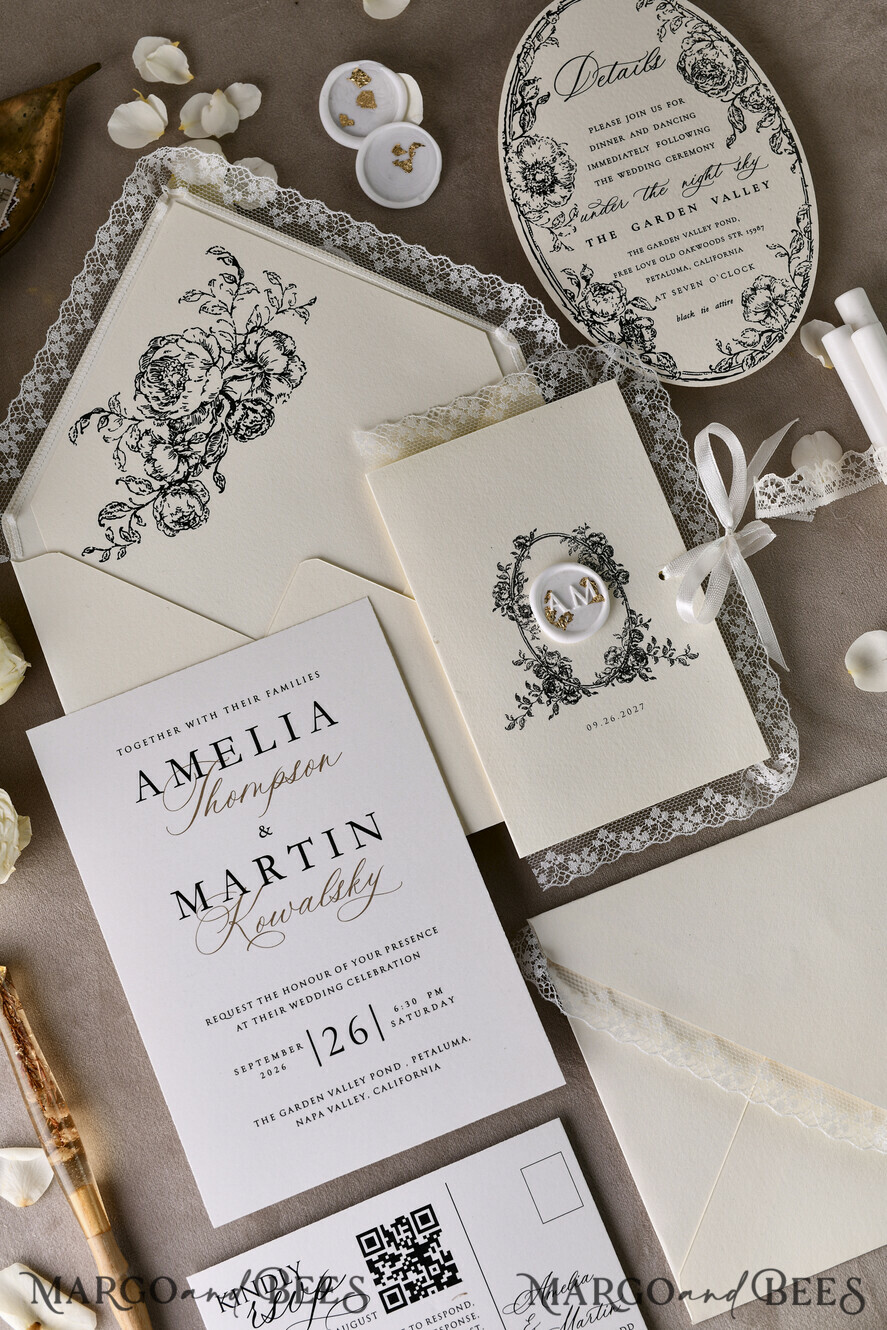 HOCHZEITS EINLADUNGEN vintage Spitze / rustikale Spitze Personalisierte Goldene Hochzeitseinladungen Vintage Spitze Einladungen Elfenbein