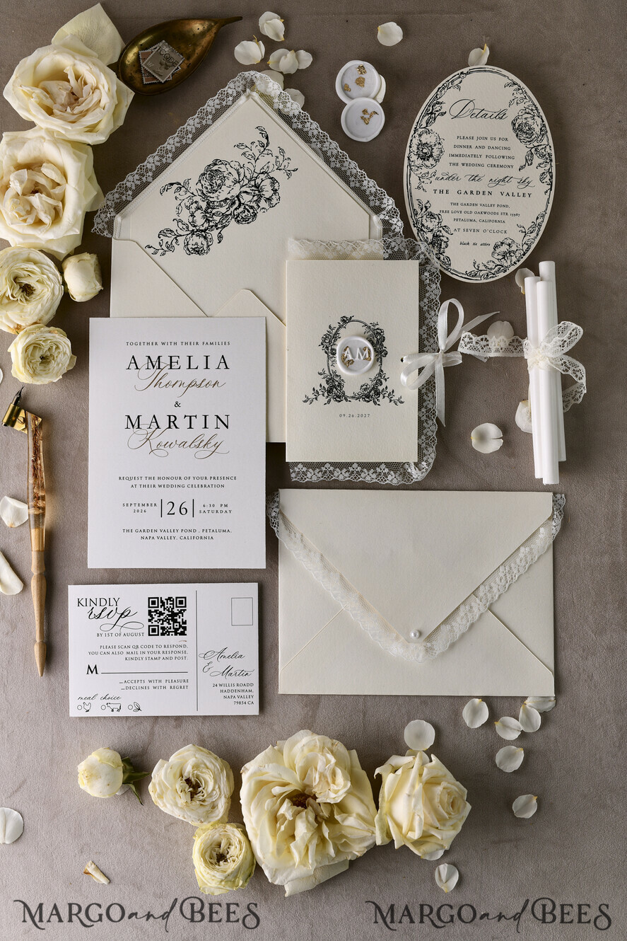 HOCHZEITS EINLADUNGEN vintage Spitze / rustikale Spitze Personalisierte Goldene Hochzeitseinladungen Vintage Spitze Einladungen Elfenbein