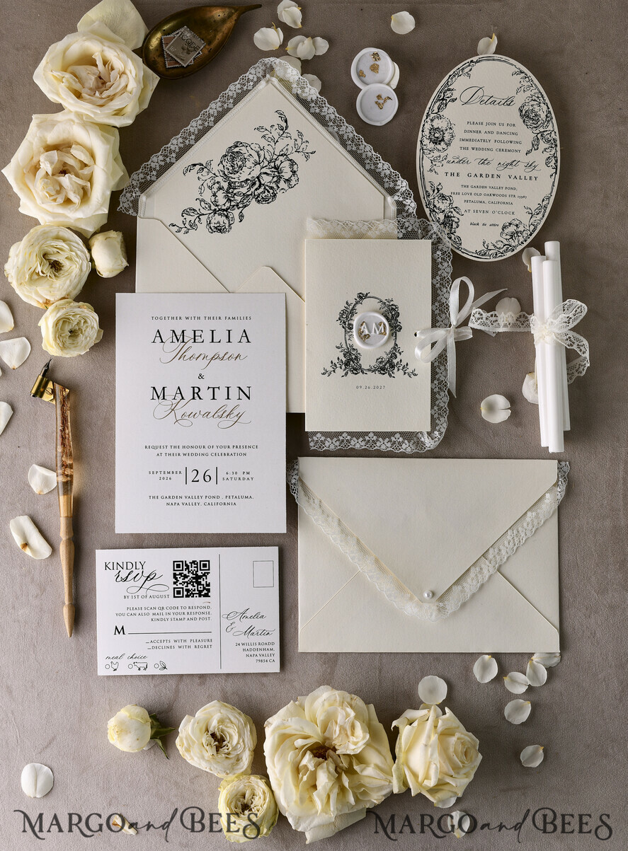 HOCHZEITS EINLADUNGEN vintage Spitze / rustikale Spitze Personalisierte Goldene Hochzeitseinladungen Vintage Spitze Einladungen Elfenbein
