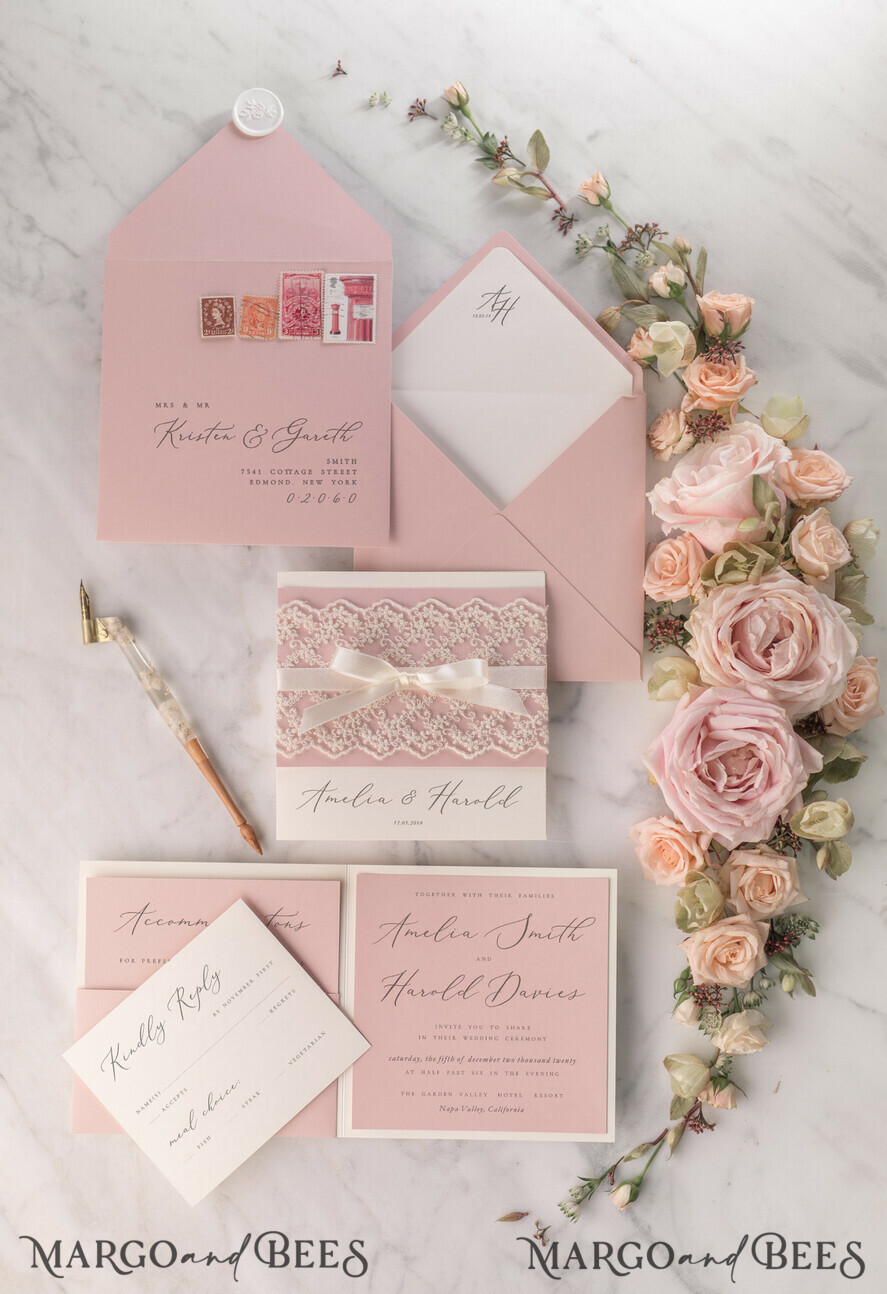 HOCHZEITS EINLADUNGEN vintage Spitze / rustikale Spitze Personalisierte Hochzeitskarten Vintage Spitze Einladungen Blush Pink und Elfenbein