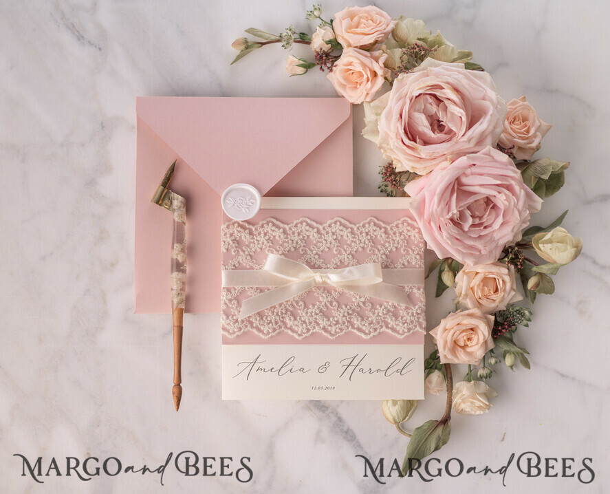 HOCHZEITS EINLADUNGEN vintage Spitze / rustikale Spitze Personalisierte Hochzeitskarten Vintage Spitze Einladungen Blush Pink und Elfenbein