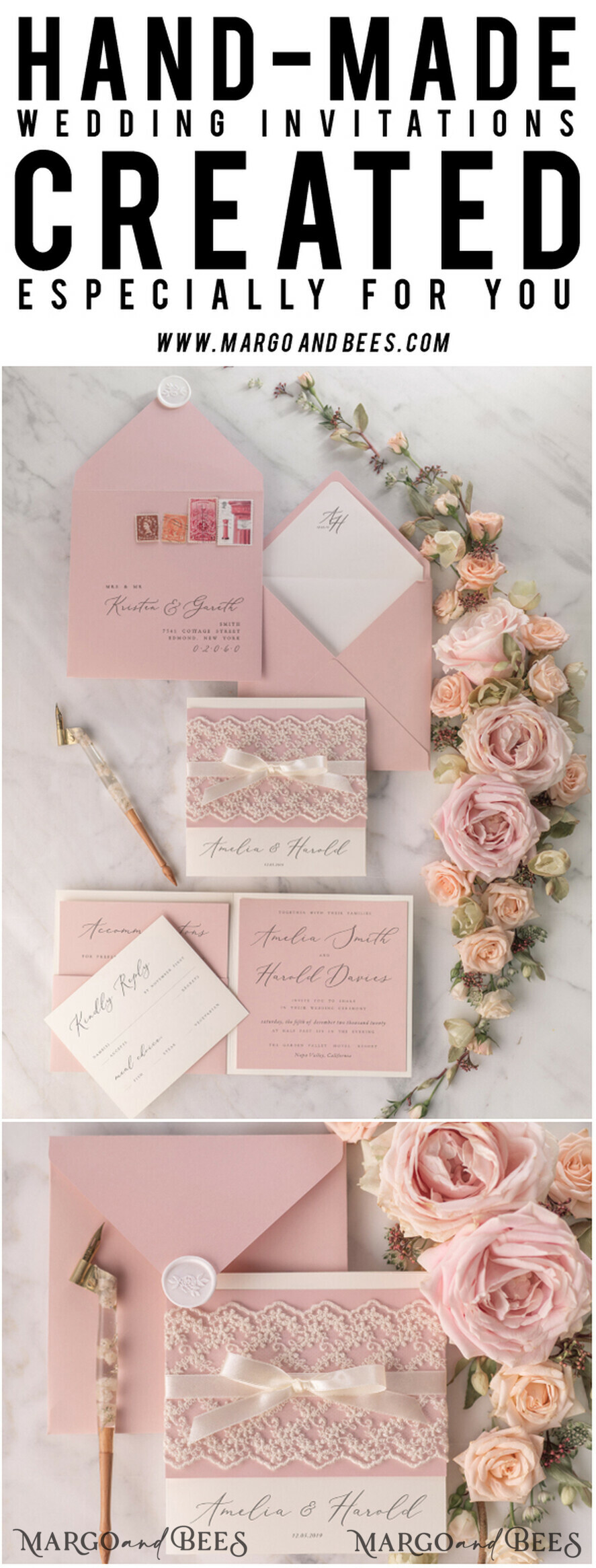 HOCHZEITS EINLADUNGEN vintage Spitze / rustikale Spitze Personalisierte Hochzeitskarten Vintage Spitze Einladungen Blush Pink und Elfenbein