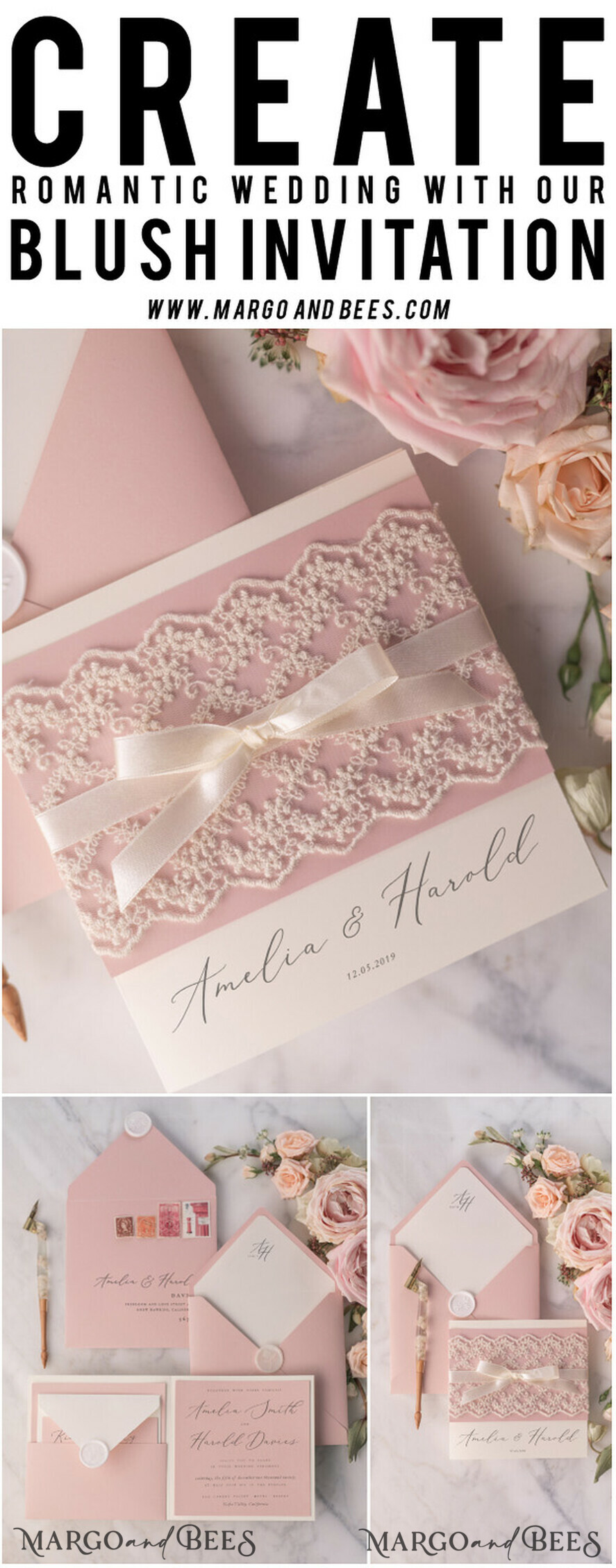 HOCHZEITS EINLADUNGEN vintage Spitze / rustikale Spitze Personalisierte Hochzeitskarten Vintage Spitze Einladungen Blush Pink und Elfenbein