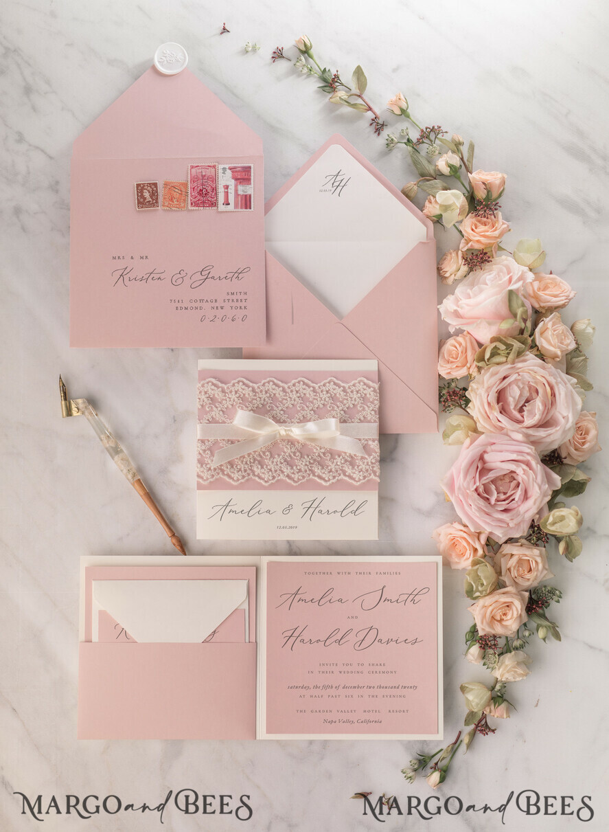 HOCHZEITS EINLADUNGEN vintage Spitze / rustikale Spitze Personalisierte Hochzeitskarten Vintage Spitze Einladungen Blush Pink und Elfenbein