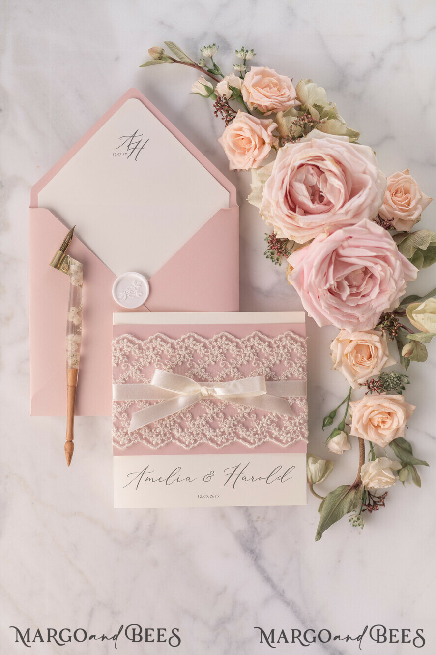 HOCHZEITS EINLADUNGEN vintage Spitze / rustikale Spitze Personalisierte Hochzeitskarten Vintage Spitze Einladungen Blush Pink und Elfenbein