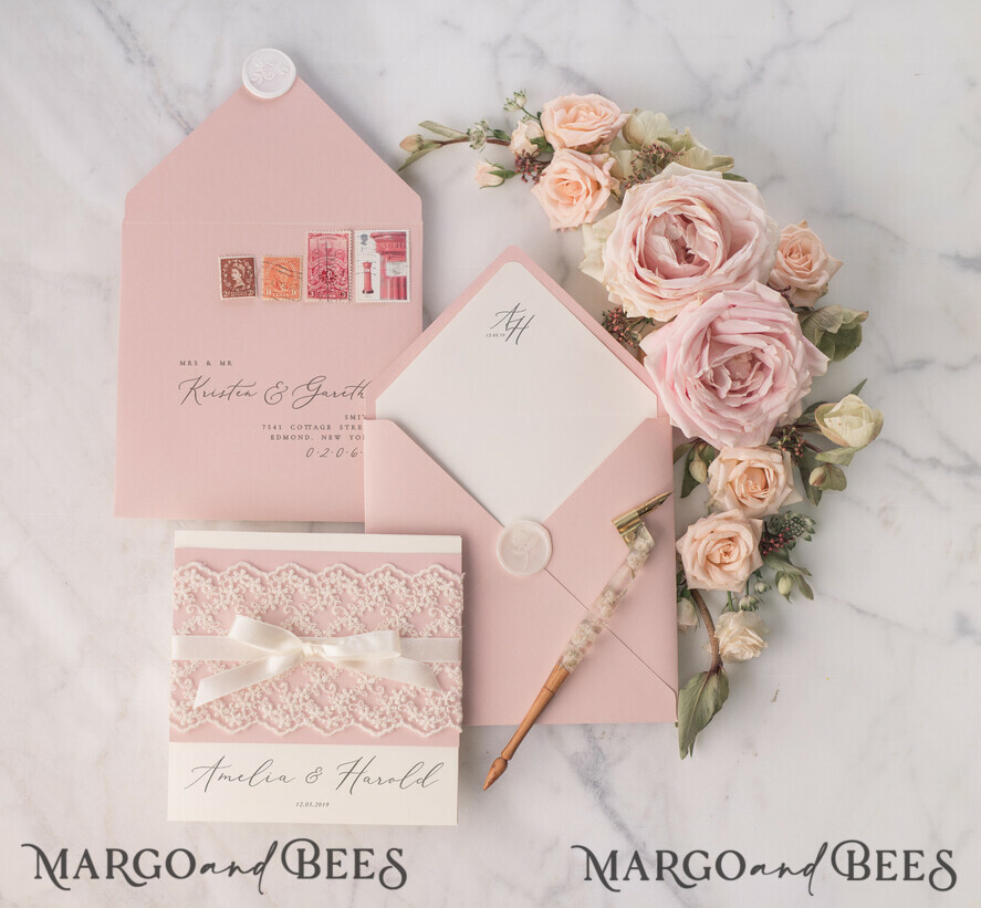 HOCHZEITS EINLADUNGEN vintage Spitze / rustikale Spitze Personalisierte Hochzeitskarten Vintage Spitze Einladungen Blush Pink und Elfenbein