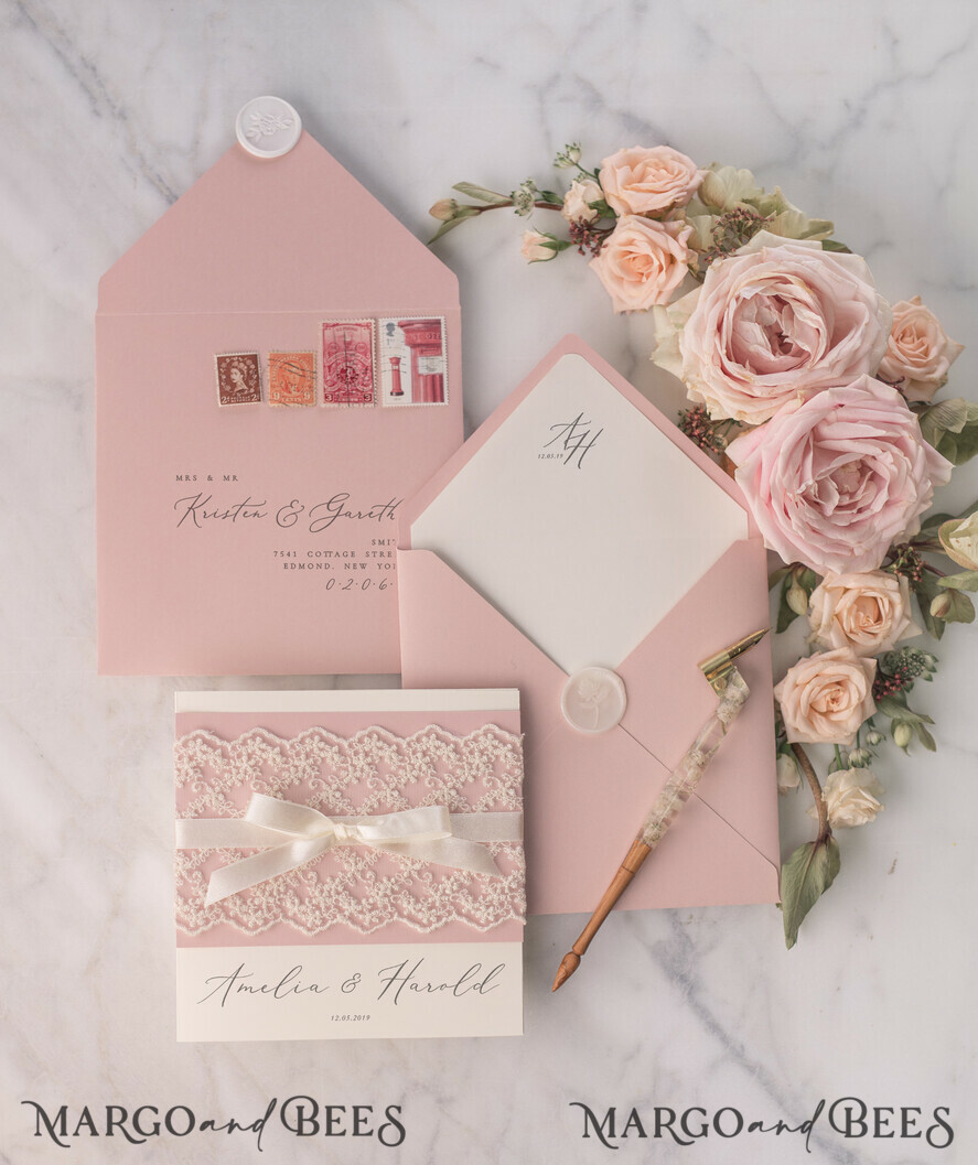HOCHZEITS EINLADUNGEN vintage Spitze / rustikale Spitze Personalisierte Hochzeitskarten Vintage Spitze Einladungen Blush Pink und Elfenbein