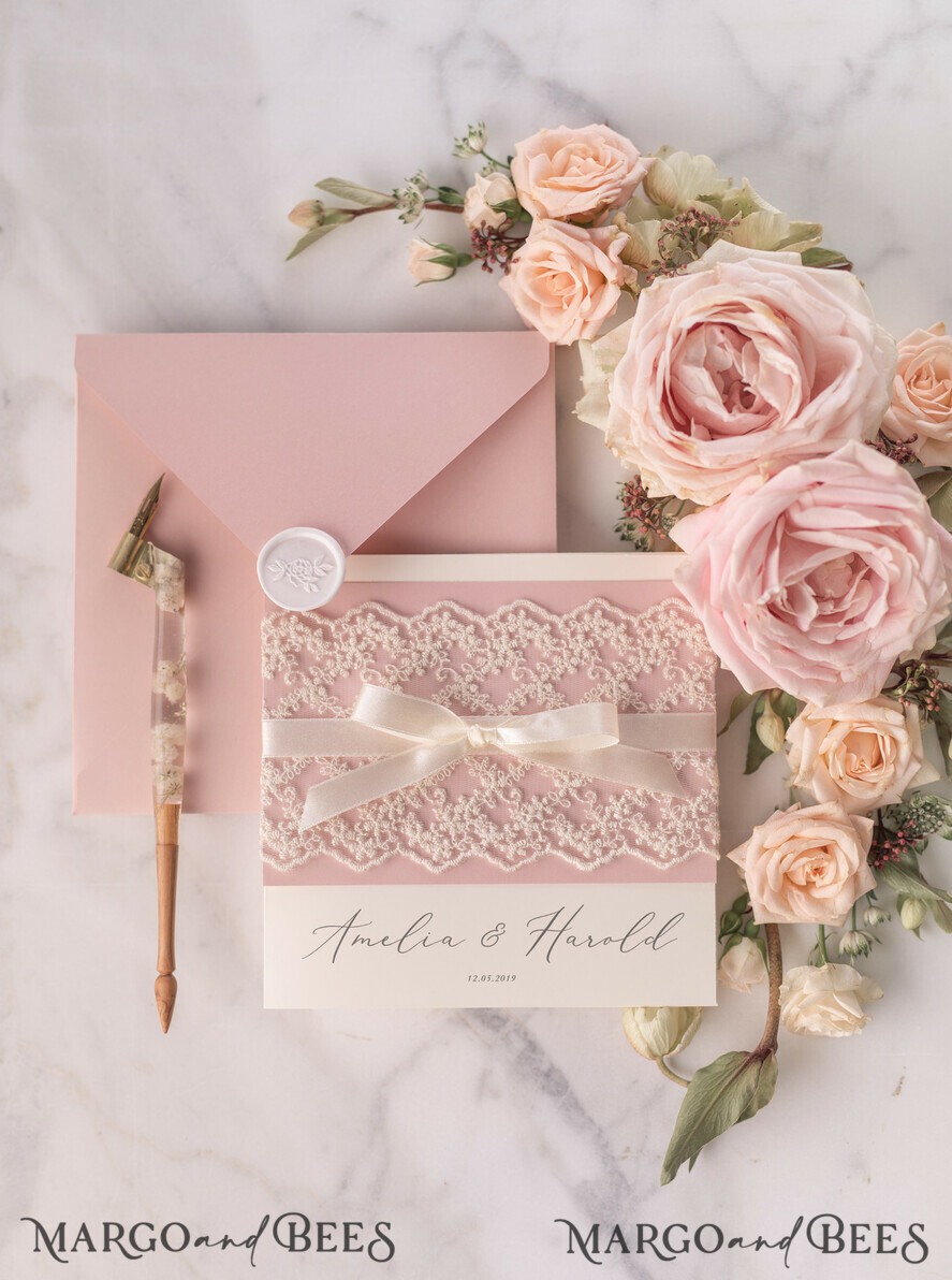 HOCHZEITS EINLADUNGEN vintage Spitze / rustikale Spitze Personalisierte Hochzeitskarten Vintage Spitze Einladungen Blush Pink und Elfenbein