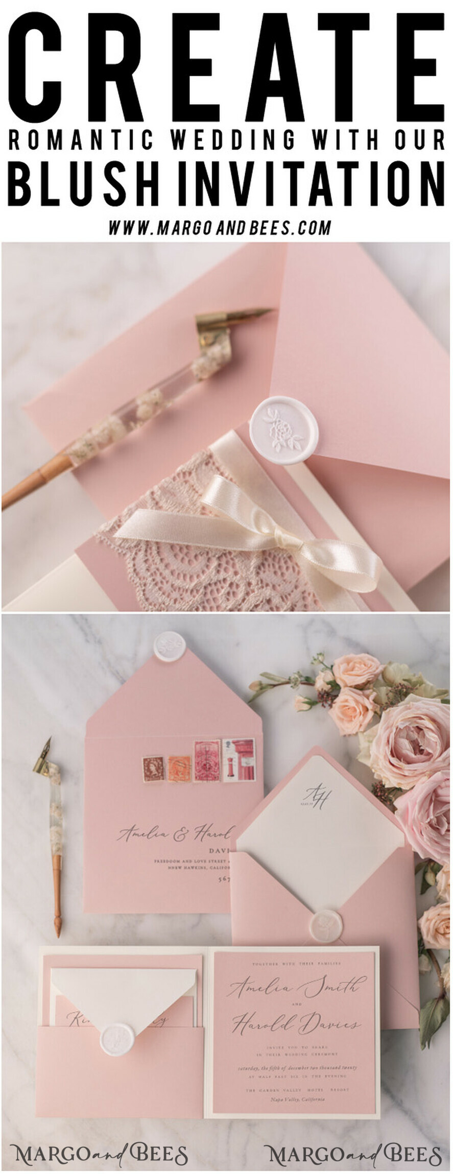 HOCHZEITS EINLADUNGEN vintage Spitze / rustikale Spitze Vintage Lace Elfenbein Hochzeits Einladungen Elegante Einladungen Elfenbeinband und Schleife mit Blush