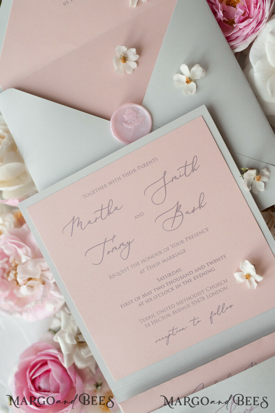 HOCHZEITS EINLADUNGEN vintage Spitze / rustikale Spitze Romantische Hochzeitseinladungen Vintage Spitze Personalisierte Einladung Hellgrau und Blush Pink