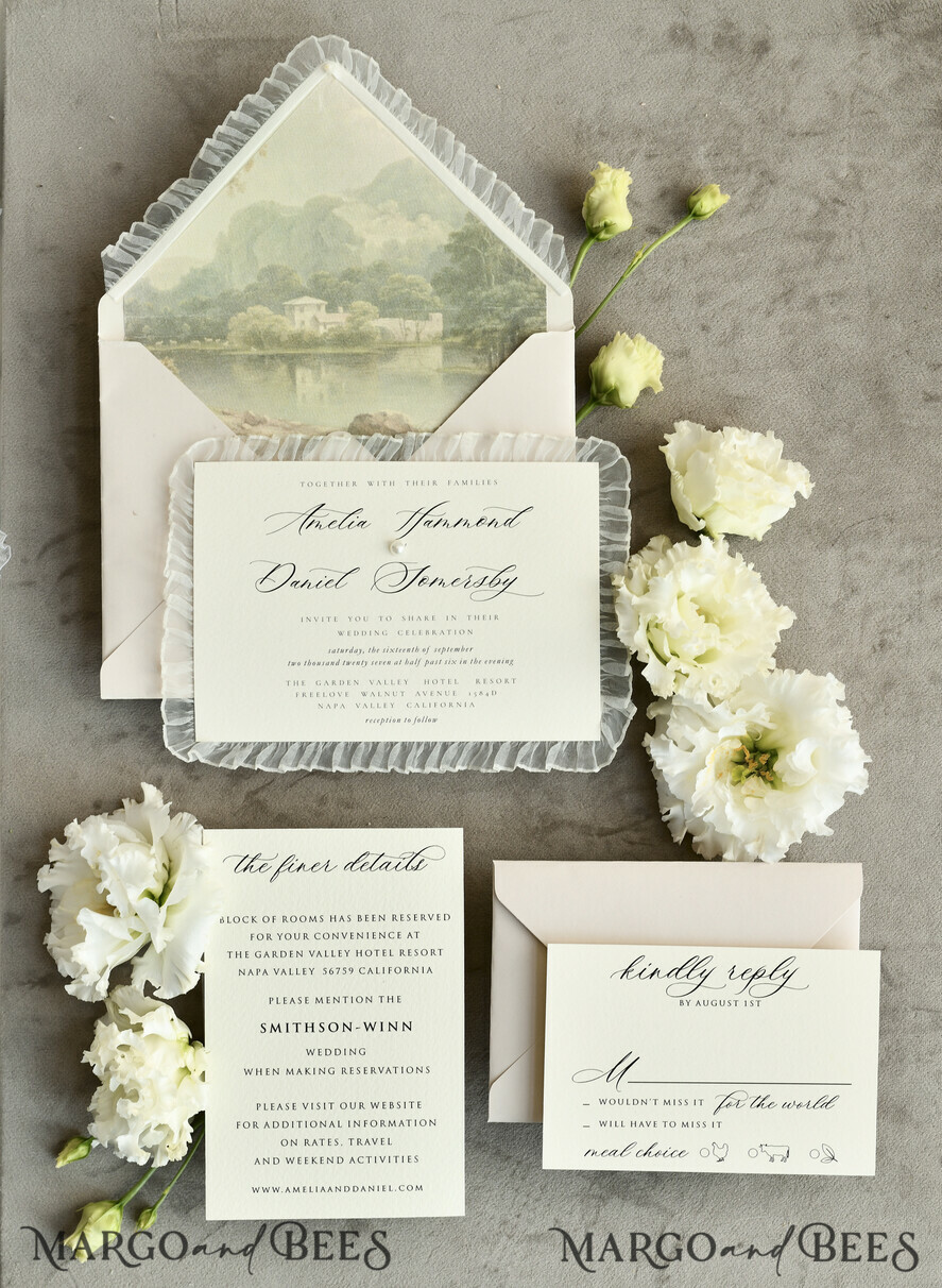 HOCHZEITS EINLADUNGEN vintage Spitze / rustikale Spitze Personalisierte Elfenbein-Hochzeitseinladungen Vintage Spitze Einladungen Salbeigrün