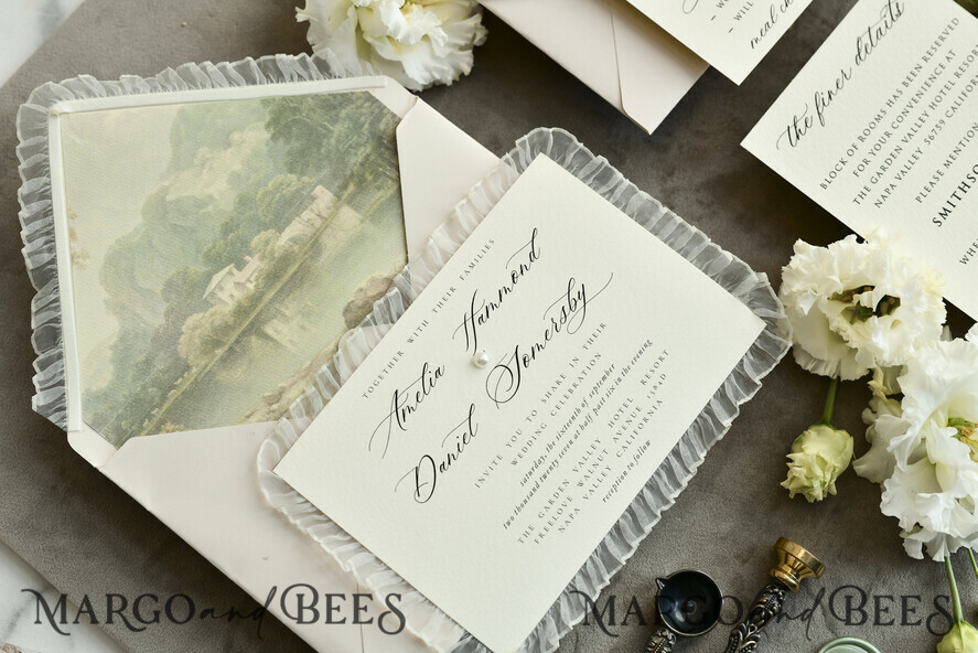 HOCHZEITS EINLADUNGEN vintage Spitze / rustikale Spitze Personalisierte Elfenbein-Hochzeitseinladungen Vintage Spitze Einladungen Salbeigrün