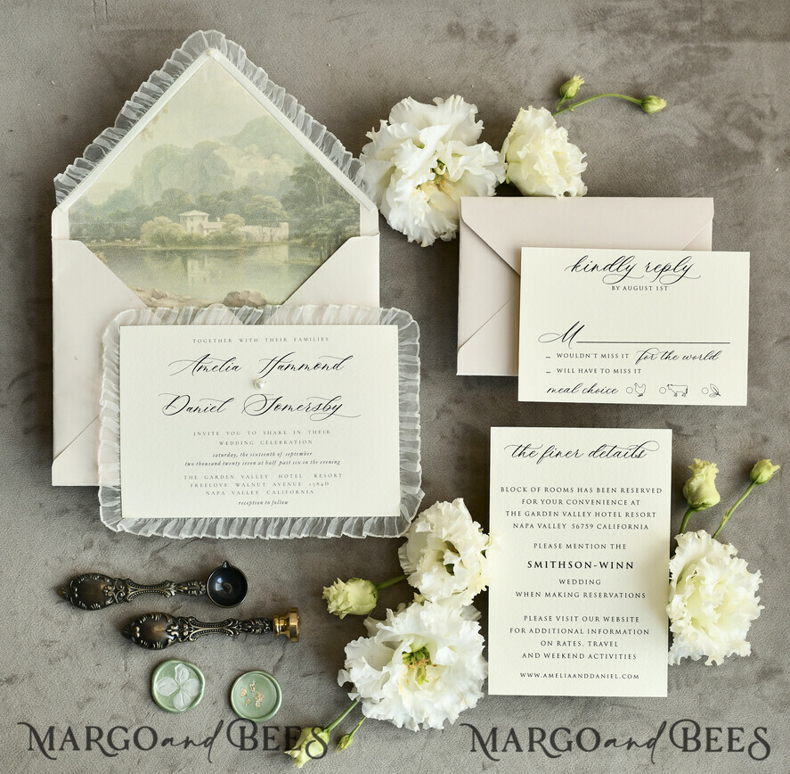 HOCHZEITS EINLADUNGEN vintage Spitze / rustikale Spitze Personalisierte Elfenbein-Hochzeitseinladungen Vintage Spitze Einladungen Salbeigrün