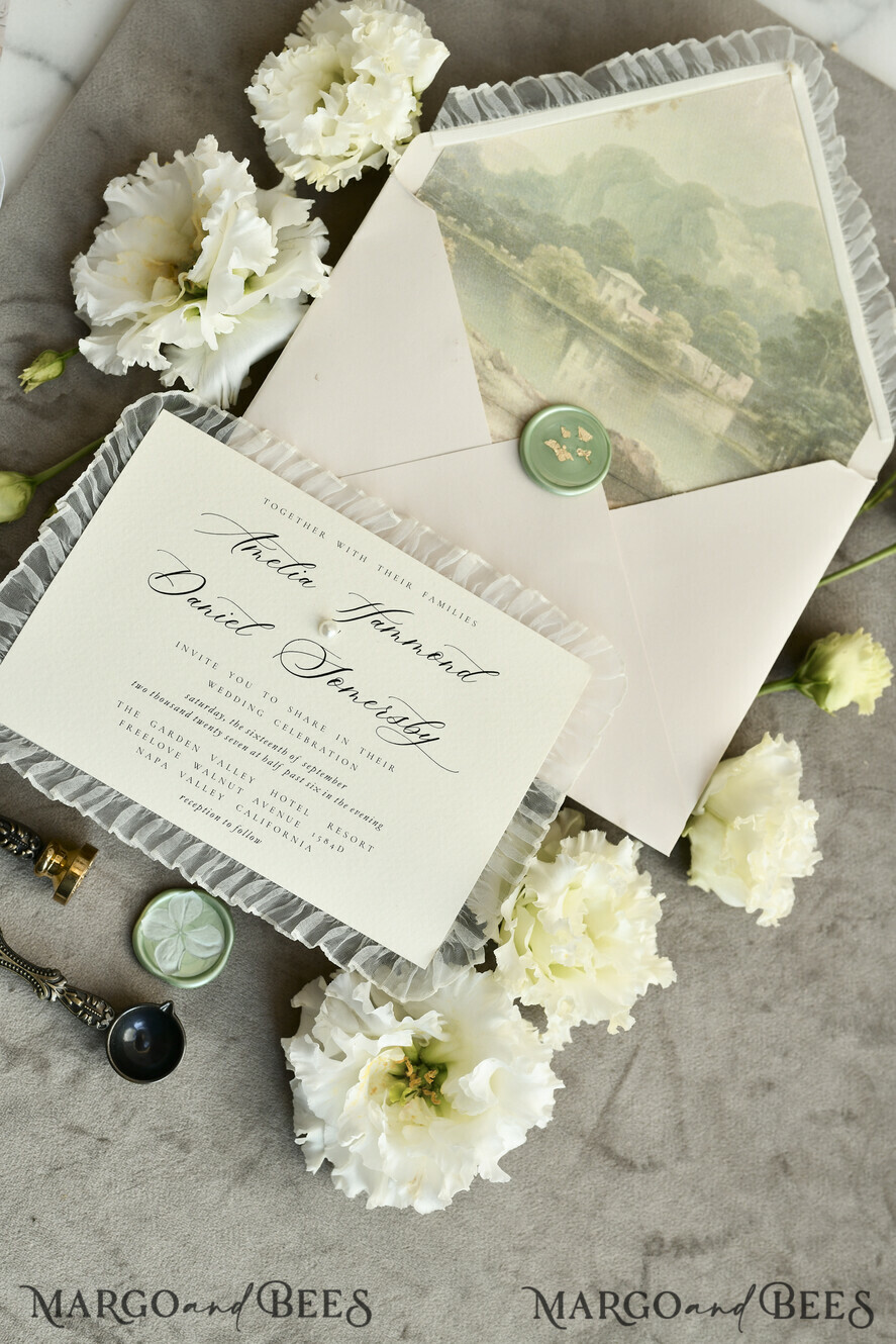 HOCHZEITS EINLADUNGEN vintage Spitze / rustikale Spitze Personalisierte Elfenbein-Hochzeitseinladungen Vintage Spitze Einladungen Salbeigrün