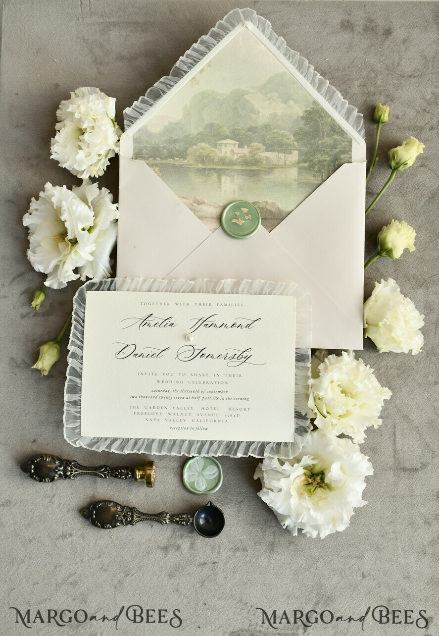 HOCHZEITS EINLADUNGEN vintage Spitze / rustikale Spitze Personalisierte Elfenbein-Hochzeitseinladungen Vintage Spitze Einladungen Salbeigrün