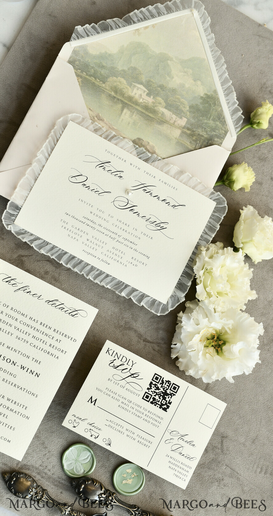 HOCHZEITS EINLADUNGEN vintage Spitze / rustikale Spitze Personalisierte Elfenbein-Hochzeitseinladungen Vintage Spitze Einladungen Salbeigrün