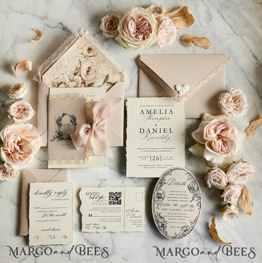 HOCHZEITS EINLADUNGEN vintage Spitze / rustikale Spitze Personalisierte Goldene Hochzeitseinladungen Vintage Spitze Einladungen Beige