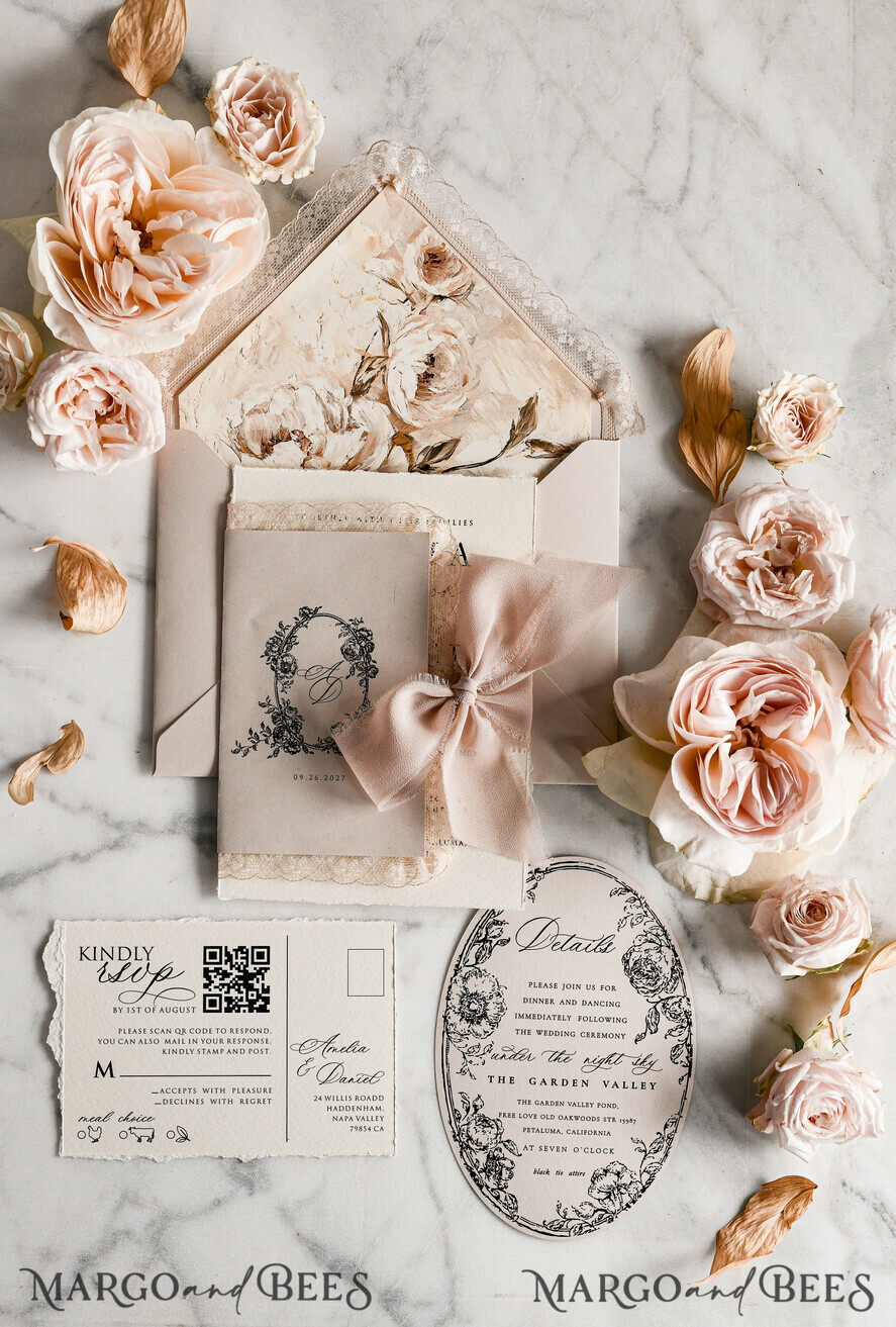 HOCHZEITS EINLADUNGEN vintage Spitze / rustikale Spitze Personalisierte Goldene Hochzeitseinladungen Vintage Spitze Einladungen Beige
