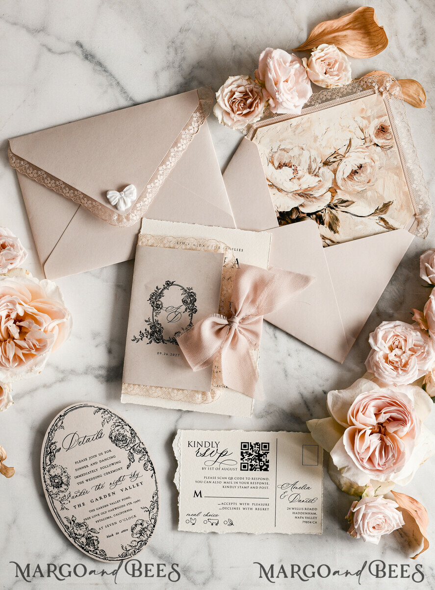 HOCHZEITS EINLADUNGEN vintage Spitze / rustikale Spitze Personalisierte Goldene Hochzeitseinladungen Vintage Spitze Einladungen Beige