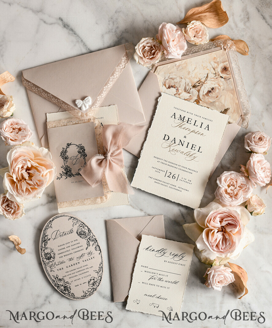 HOCHZEITS EINLADUNGEN vintage Spitze / rustikale Spitze Personalisierte Goldene Hochzeitseinladungen Vintage Spitze Einladungen Beige