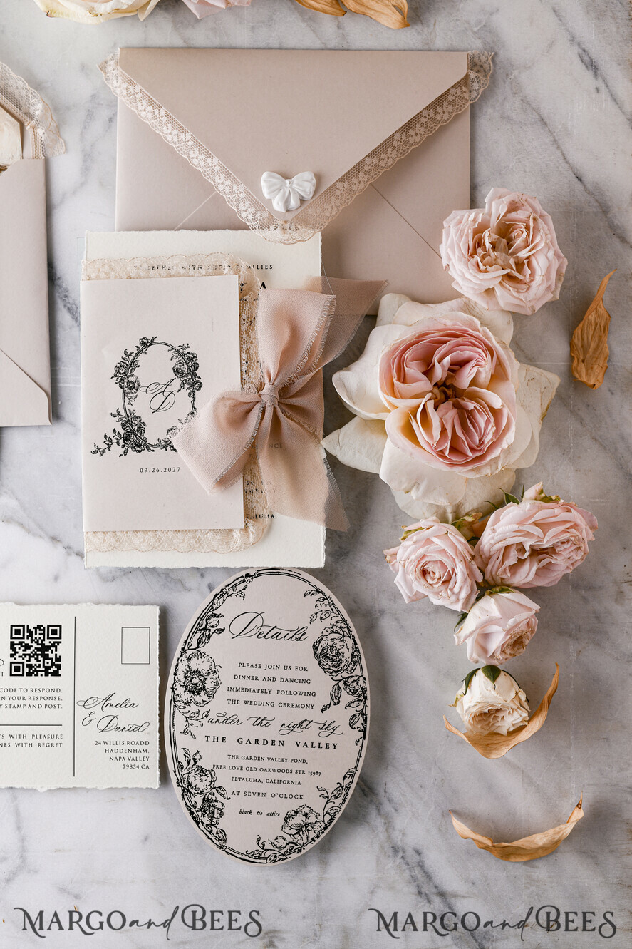 HOCHZEITS EINLADUNGEN vintage Spitze / rustikale Spitze Personalisierte Goldene Hochzeitseinladungen Vintage Spitze Einladungen Beige