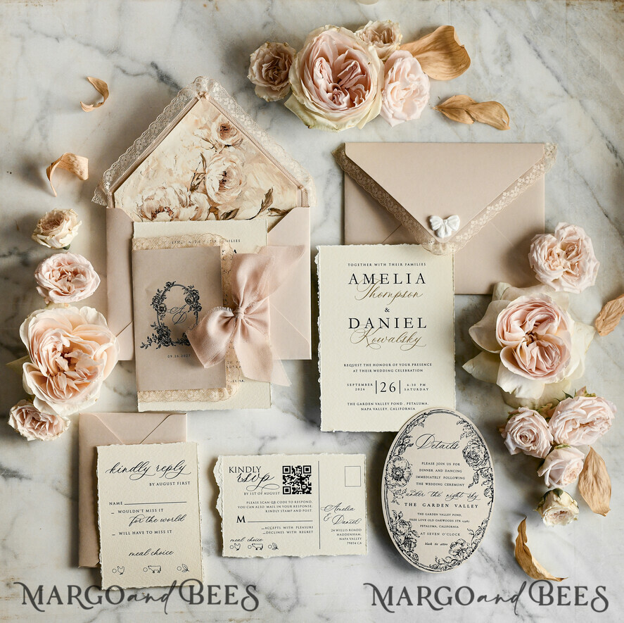 HOCHZEITS EINLADUNGEN vintage Spitze / rustikale Spitze Personalisierte Goldene Hochzeitseinladungen Vintage Spitze Einladungen Beige