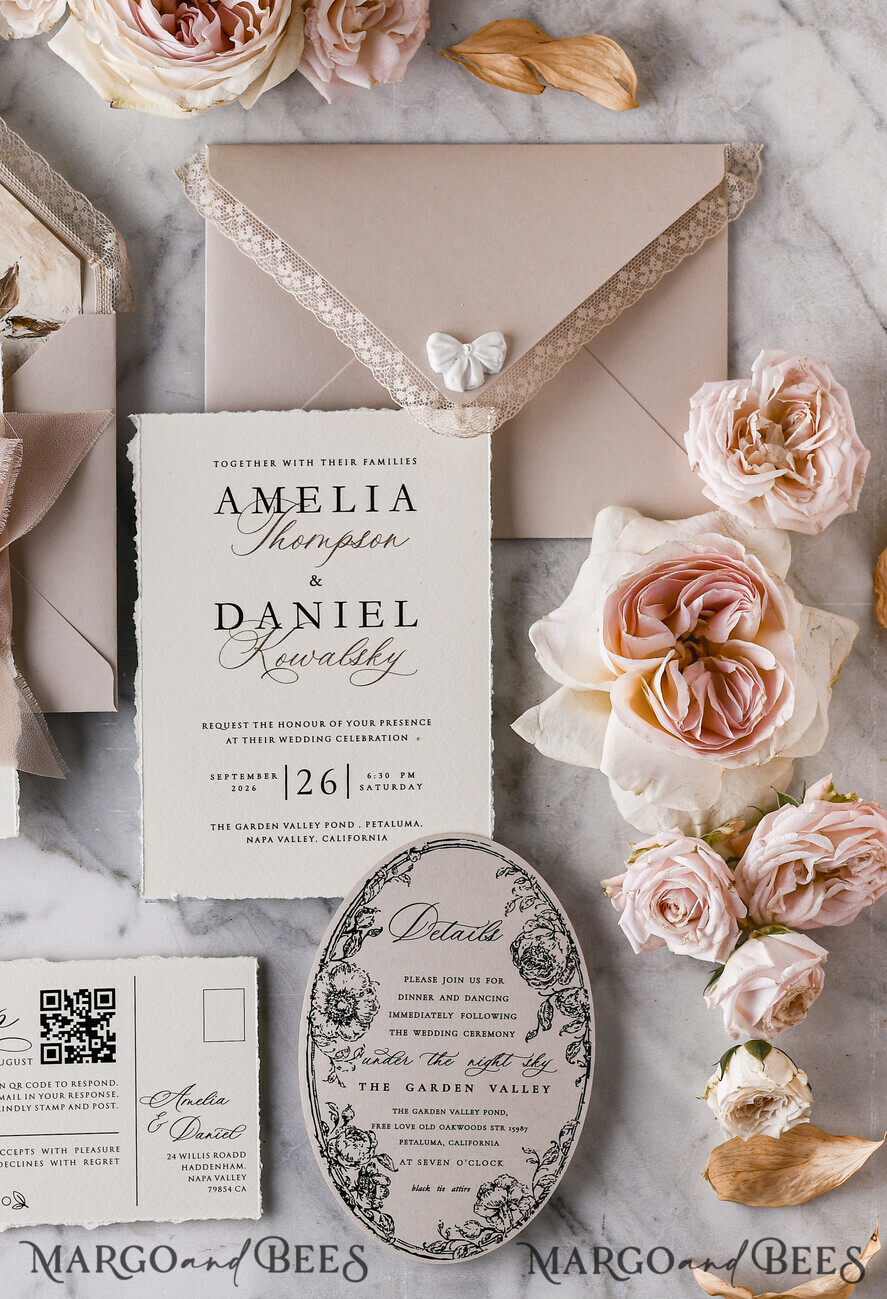 HOCHZEITS EINLADUNGEN vintage Spitze / rustikale Spitze Personalisierte Goldene Hochzeitseinladungen Vintage Spitze Einladungen Beige