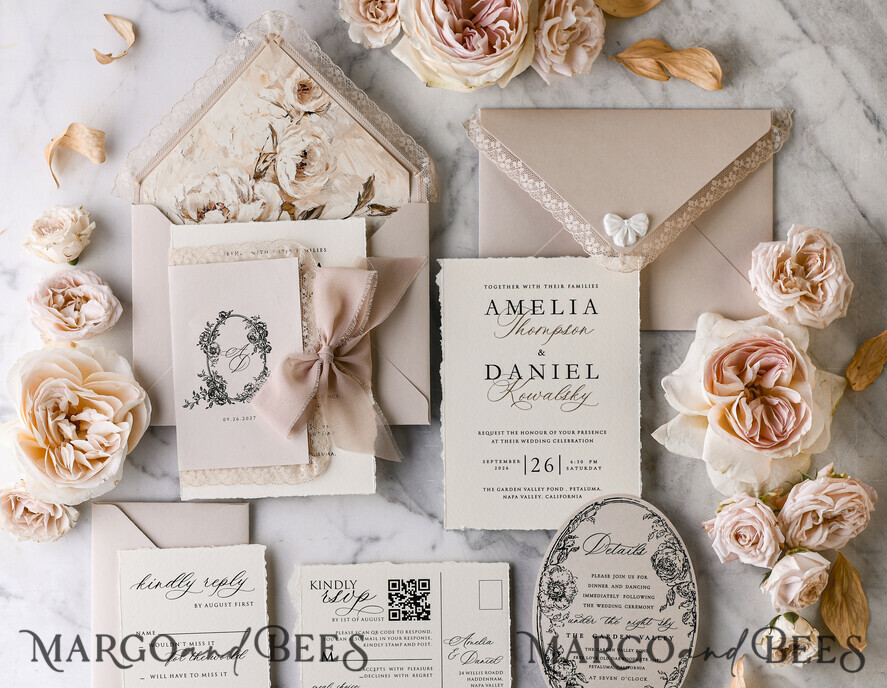 HOCHZEITS EINLADUNGEN vintage Spitze / rustikale Spitze Personalisierte Goldene Hochzeitseinladungen Vintage Spitze Einladungen Beige