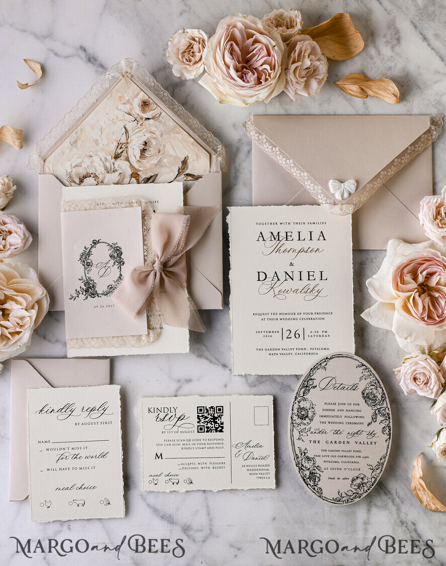 HOCHZEITS EINLADUNGEN vintage Spitze / rustikale Spitze Personalisierte Goldene Hochzeitseinladungen Vintage Spitze Einladungen Beige