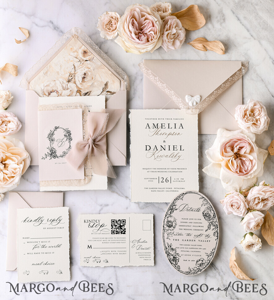 HOCHZEITS EINLADUNGEN vintage Spitze / rustikale Spitze Personalisierte Goldene Hochzeitseinladungen Vintage Spitze Einladungen Beige