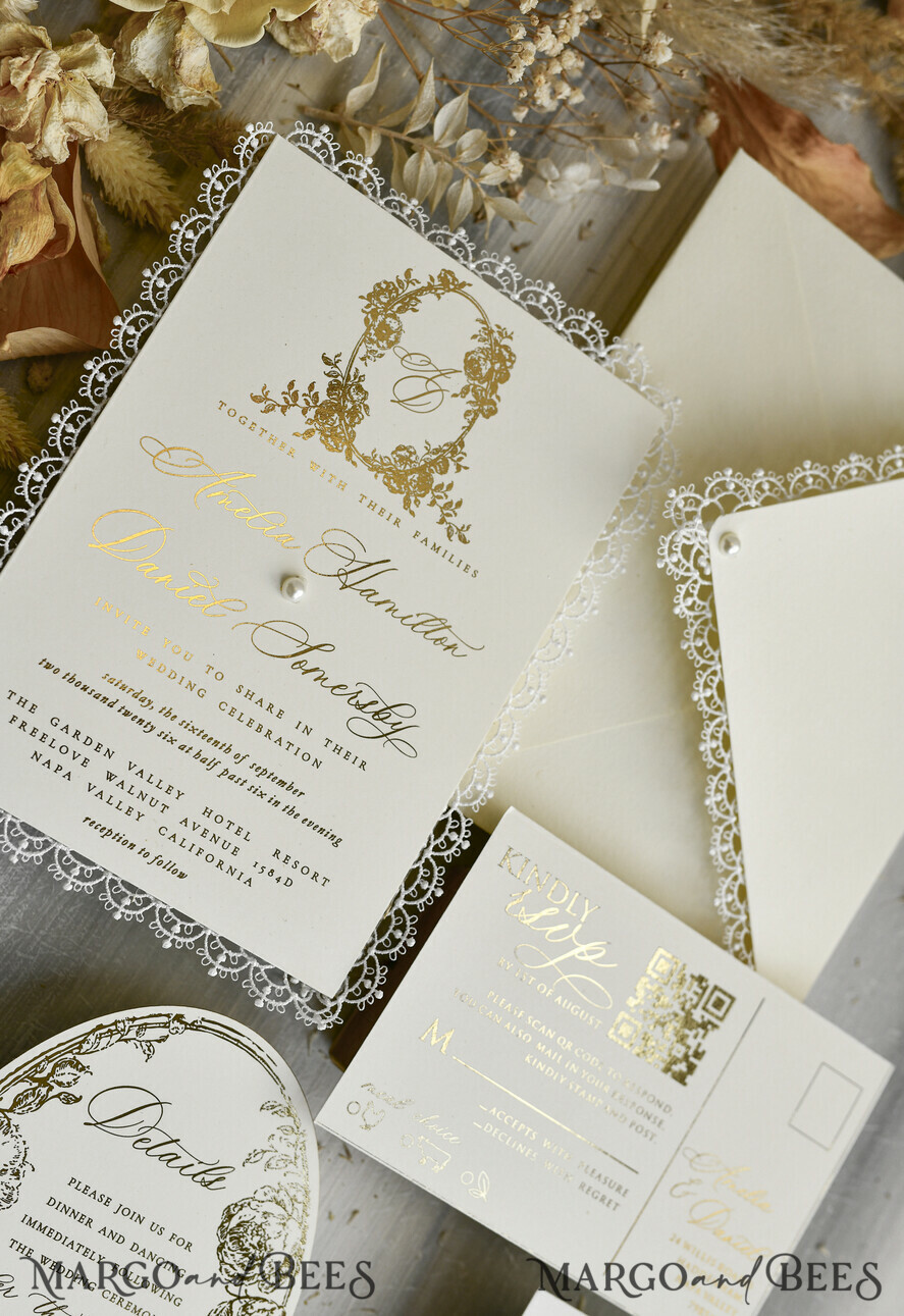 HOCHZEITS EINLADUNGEN vintage Spitze / rustikale Spitze Personalisierte Einladungen zur Goldenen Hochzeit Vintage Spitze Einladungen Elfenbein