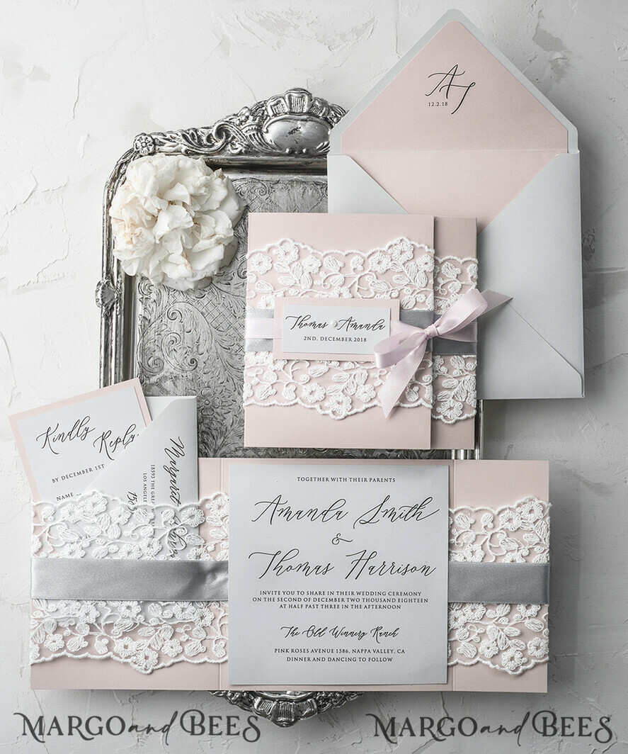 HOCHZEITS EINLADUNGEN vintage Spitze / rustikale Spitze Vintage Spitze Erschwingliche Hochzeitskarten Elegante Einladungen Grau und Blush Pink