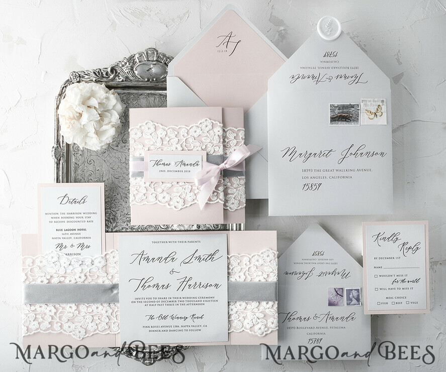 HOCHZEITS EINLADUNGEN vintage Spitze / rustikale Spitze Vintage Spitze Erschwingliche Hochzeitskarten Elegante Einladungen Grau und Blush Pink