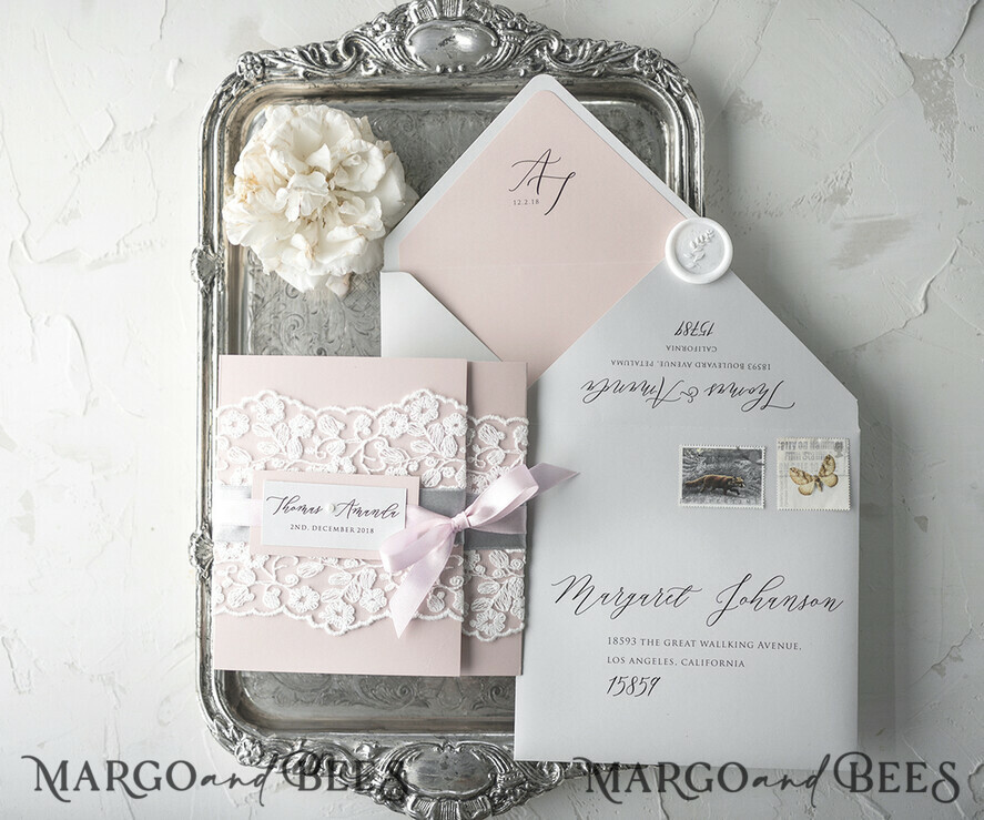 HOCHZEITS EINLADUNGEN vintage Spitze / rustikale Spitze Vintage Spitze Erschwingliche Hochzeitskarten Elegante Einladungen Grau und Blush Pink