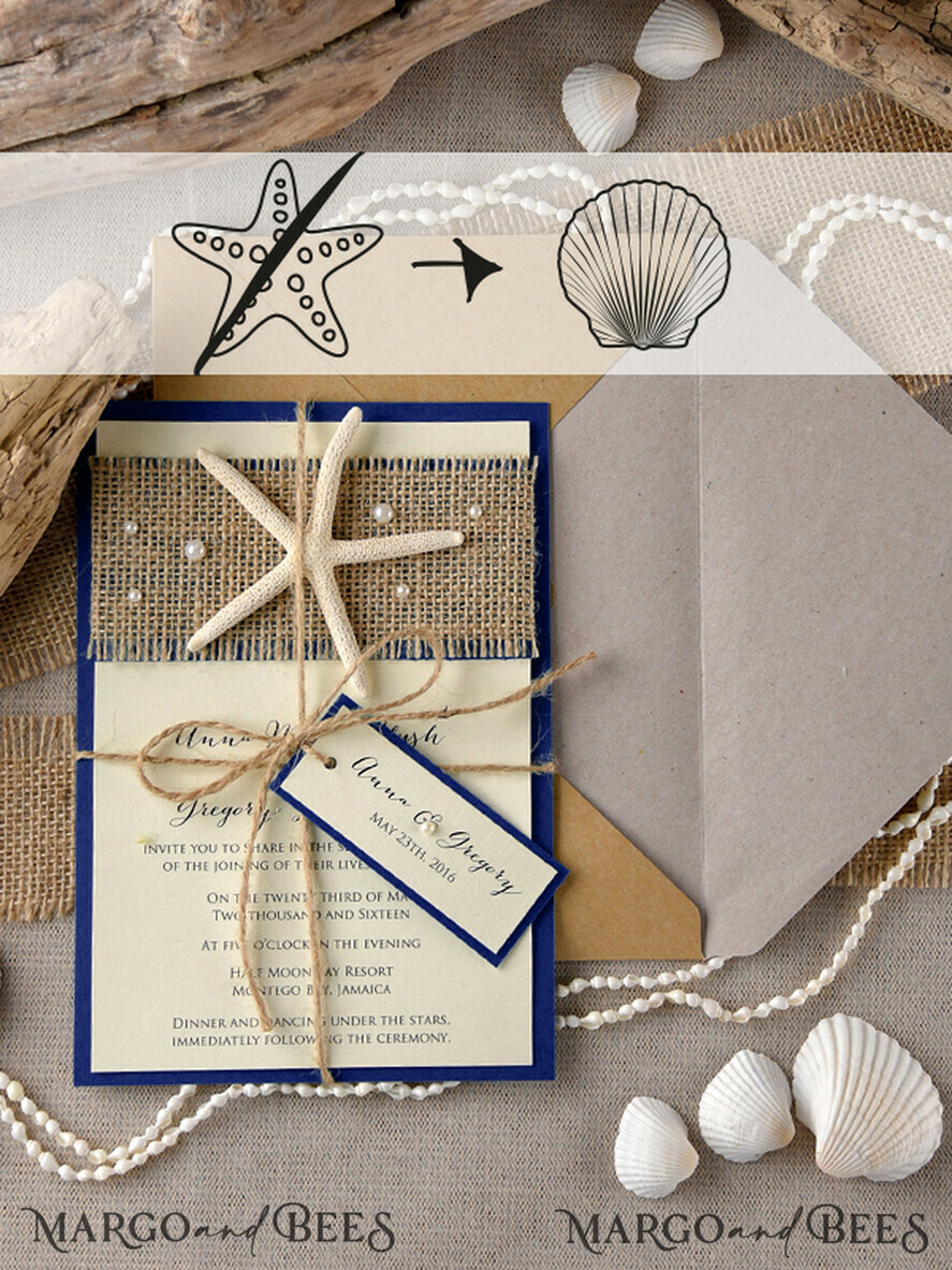 HOCHZEITS EINLADUNGEN Pass zur Liebe / Strandhochzeits-Einladungen Strandmarine Hochzeitskarten Seestern Hochzeitskarten Einladungen für Zielhochzeiten mit Anhänger und Schnur Öko-Umschlag